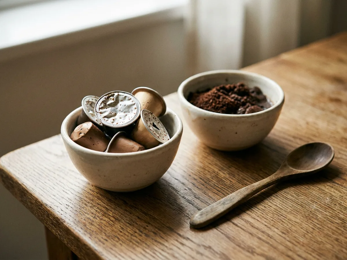 Deux petits bols en grès posés sur une table en chêne patiné, l'un rempli de capsules en aluminium usagées, l'autre de marc de café humide