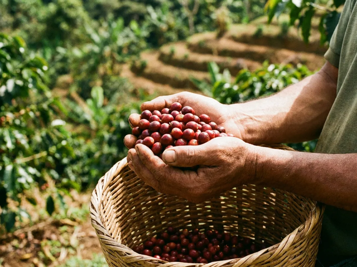 Mains de producteur tenant des cerises de café rouges au dessus d'un panier tressé