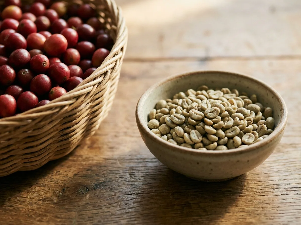Cerises de café rouges fraîchement cueillies dans un panier en osier, à côté d'une coupelle en grès remplie de grains de café vert non torréfiés