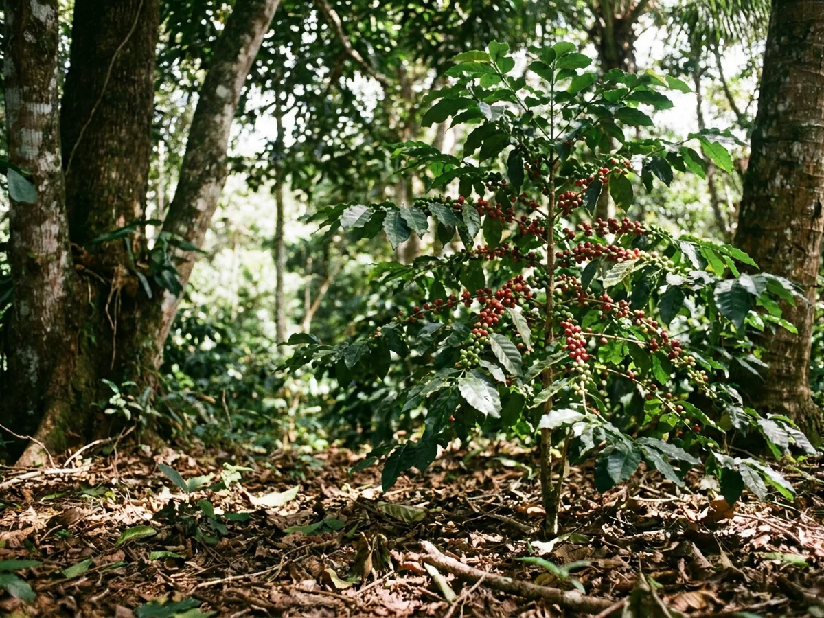 Cerises de café rouges et vertes sur un caféier cultivé à l'ombre de grands arbres, feuillage dense et lumière tamisée de sous-bois