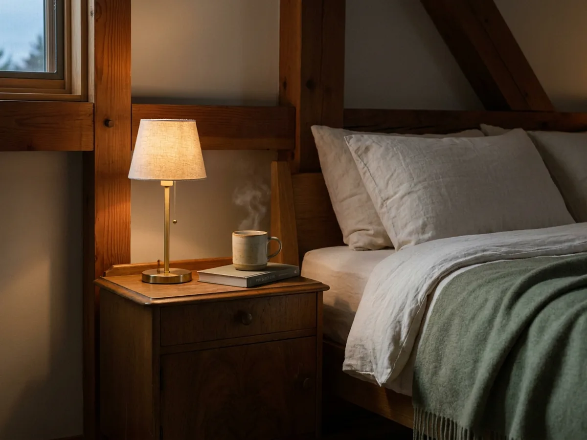 Chambre calme au crépuscule avec une tasse d'infusion et un livre sur la table de chevet