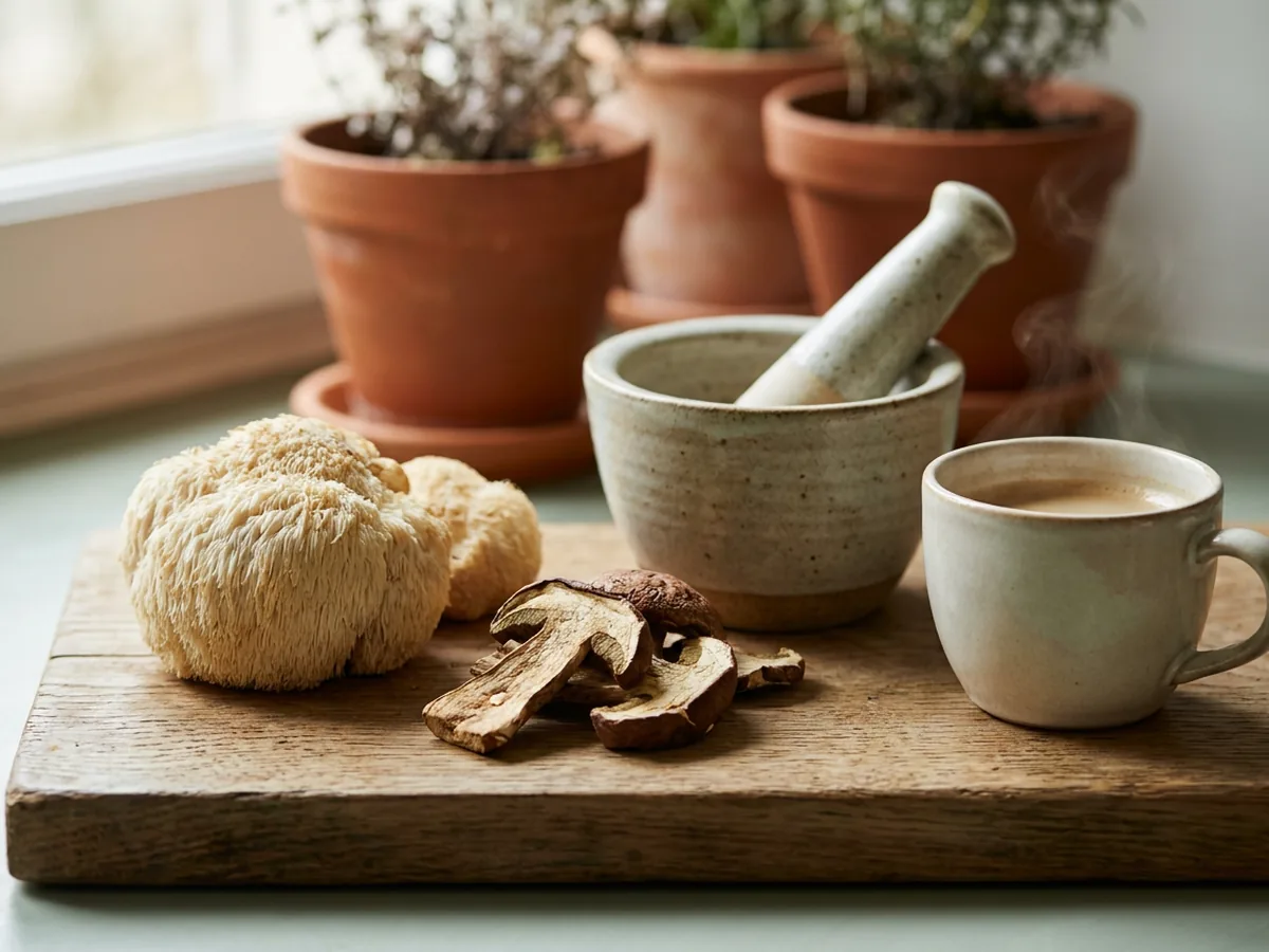 Nature morte de champignons séchés posés sur une planche en chêne patiné, à côté d'un mortier en grès artisanal et d'une tasse de café fumante