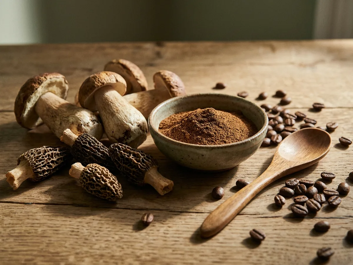 Nature morte sur une planche en chêne patiné, des champignons séchés entiers, un bol de poudre brune fine, une cuillère en bois et des grains de café