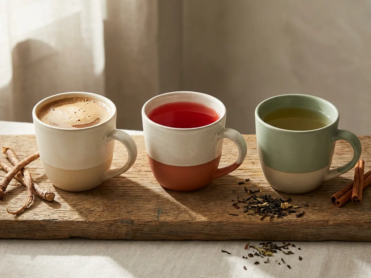 Trois tasses en grès alignées contenant une chicorée brune, un rooibos rouge et un thé vert clair, avec racines de chicorée et feuilles séchées