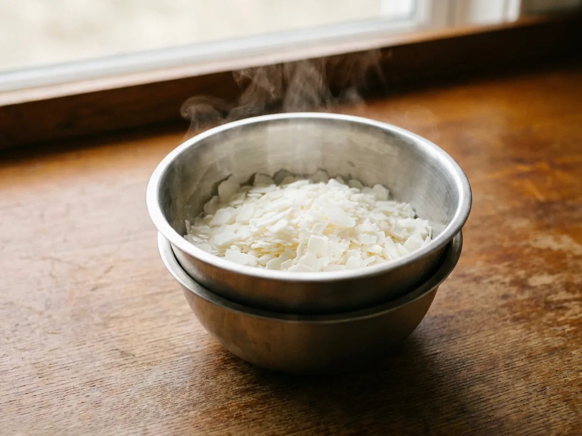 Paillettes de cire de soja blanches qui fondent dans un bol en inox au bain-marie