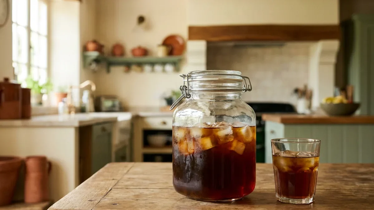Grand bocal en verre rempli de cold brew ambré avec des glaçons, posé sur une table en chêne à côté d'un verre servi