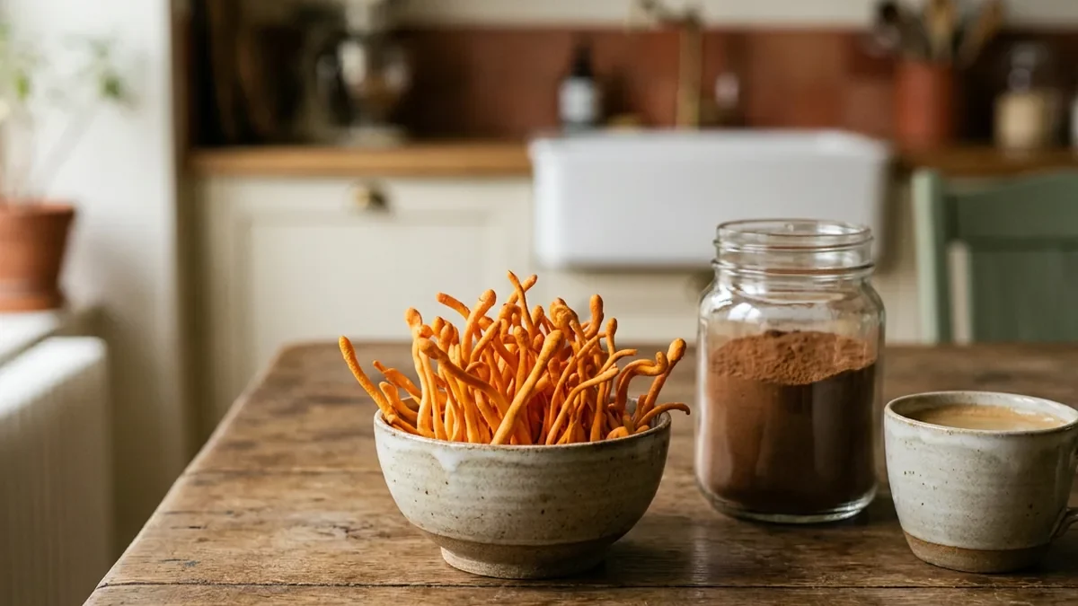 Bâtonnets de champignon cordyceps orange vif dans une coupelle en grès, à côté d'un bocal de poudre brune et d'une tasse de café
