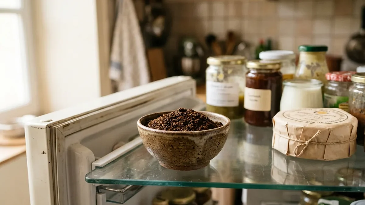 Petite coupelle en grès artisanal remplie de marc de café séché, posée sur une clayette en verre d'un réfrigérateur ouvert