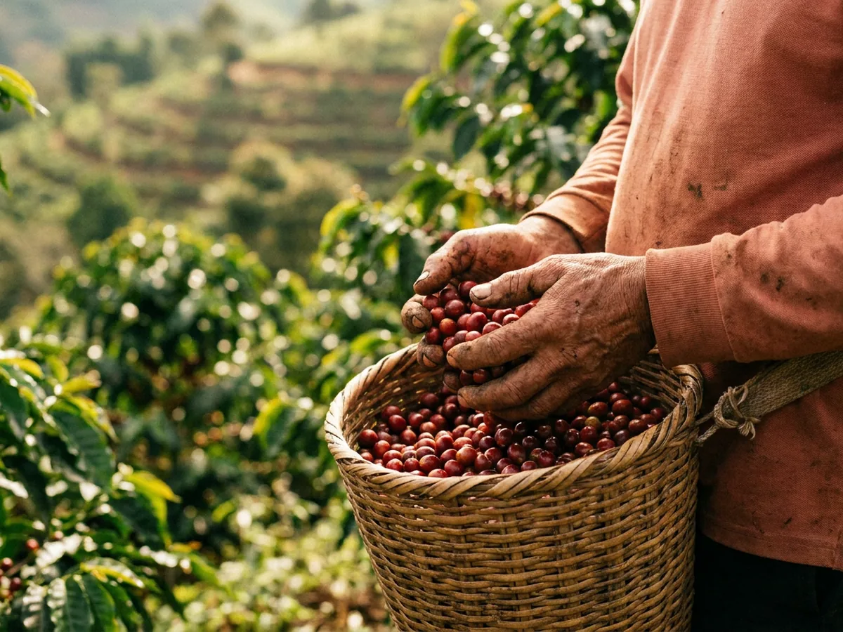 Mains de cueilleur qui déposent des cerises de café rouges dans un panier tressé