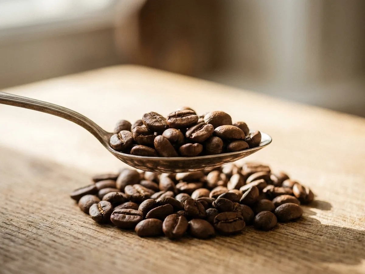 Gros plan sur une cuillère à soupe rase remplie de grains de café torréfiés, tenue au-dessus d'un petit tas de grains sur une planche en chêne