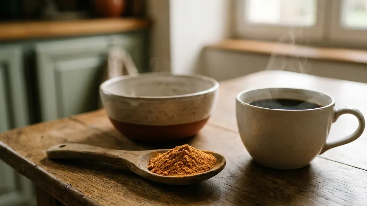 Cuillère en bois remplie de poudre de champignon orange brun posée sur une table en chêne patiné, à côté d'un bol en grès et d'une tasse de café noir