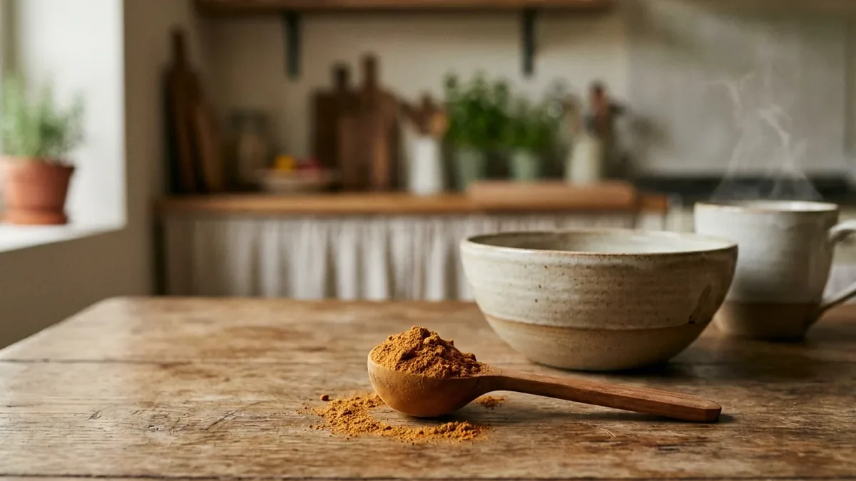 Petite cuillère doseuse en bois remplie de poudre brun orange de champignon posée sur une table en chêne patiné, à côté d'un bol en grès et d'une tasse