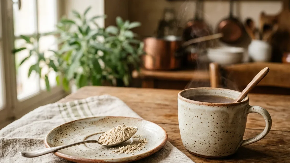 Cuillerée de poudre de champignon beige clair posée sur une soucoupe en grès artisanal, à côté d'un mug de boisson chaude fumante sur une table en chêne patiné