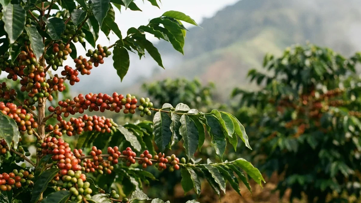 Branche de caféier chargée de cerises rouges et vertes dans une plantation d'altitude, brume matinale en arrière-plan