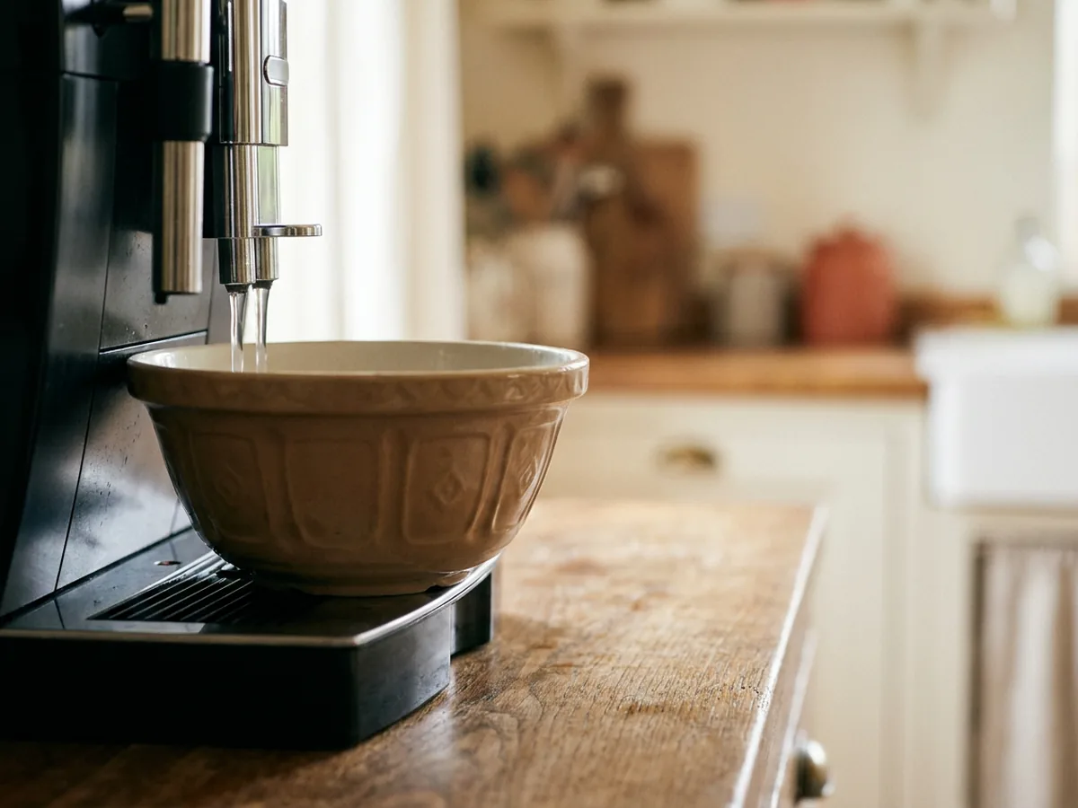 Grand bol posé sous les becs d'une machine à café pendant un cycle de rinçage