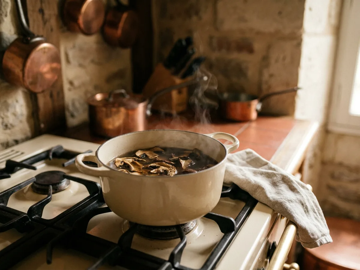 Petite casserole en fonte émaillée crème sur une gazinière ancienne, remplie d'eau brune fumante et de lamelles de champignon séché