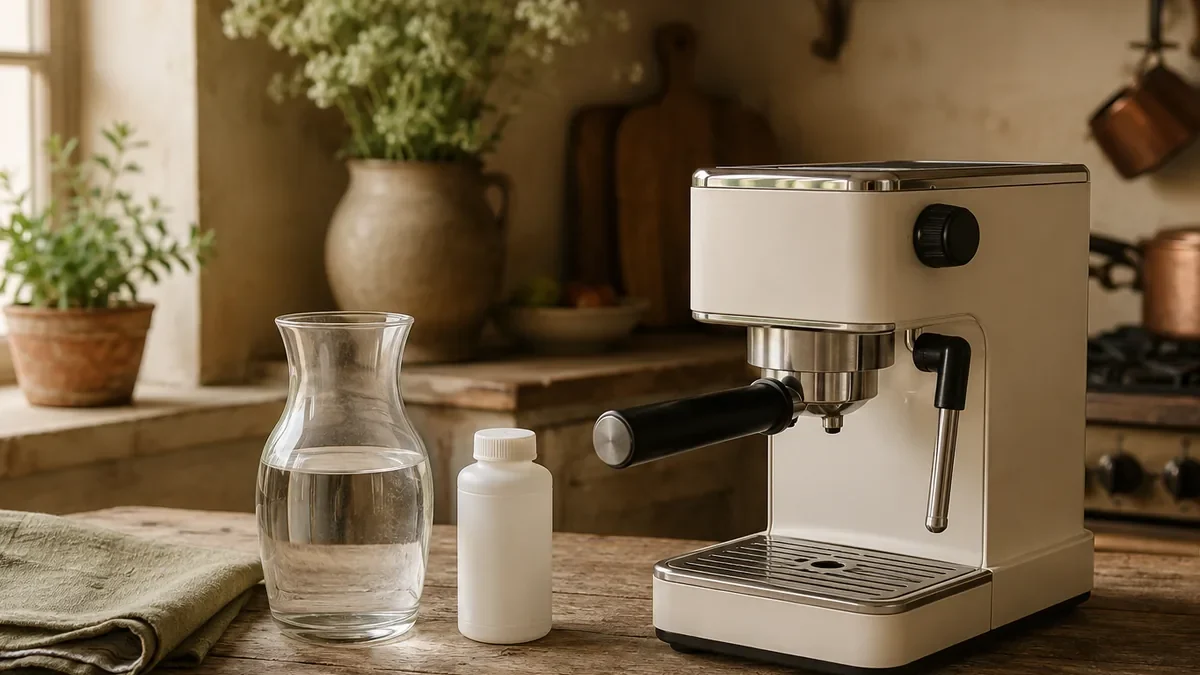 Machine expresso avec une carafe d'eau et un détartrant sur un plan de travail en bois