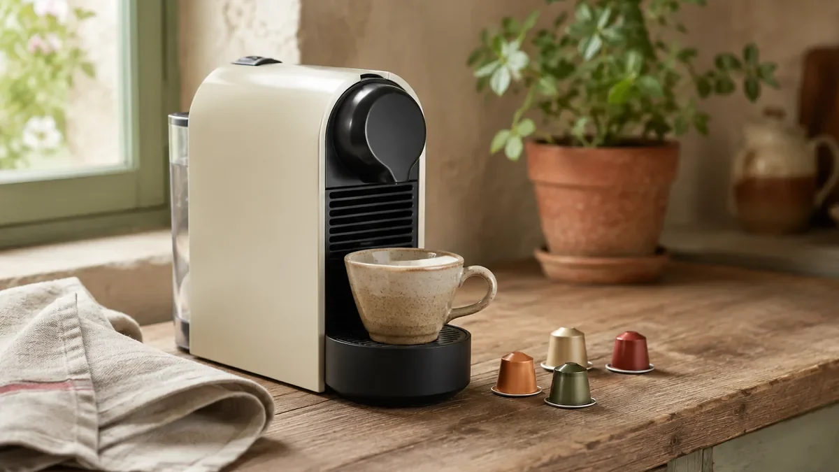 Machine à café à capsules sur un plan de travail en bois, tasse et capsules à côté