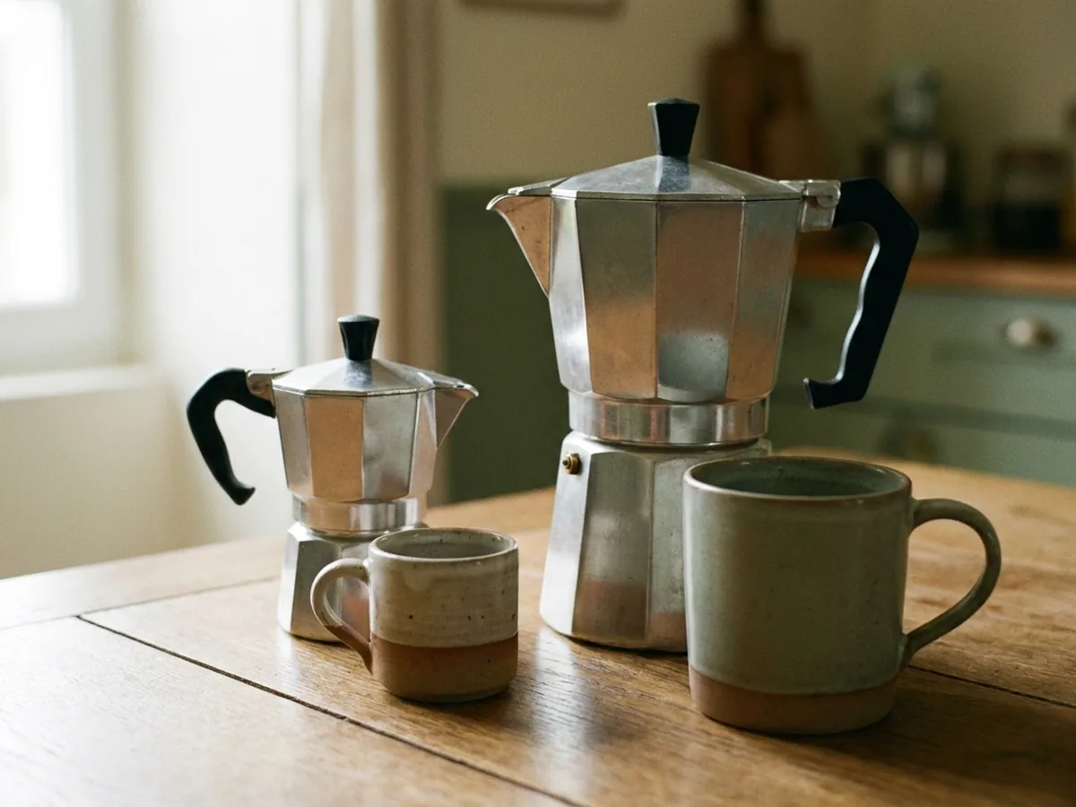 Deux cafetières italiennes de tailles très différentes côte à côte sur une table en chêne, avec devant elles une petite tasse en grès et un grand mug pour l'échelle