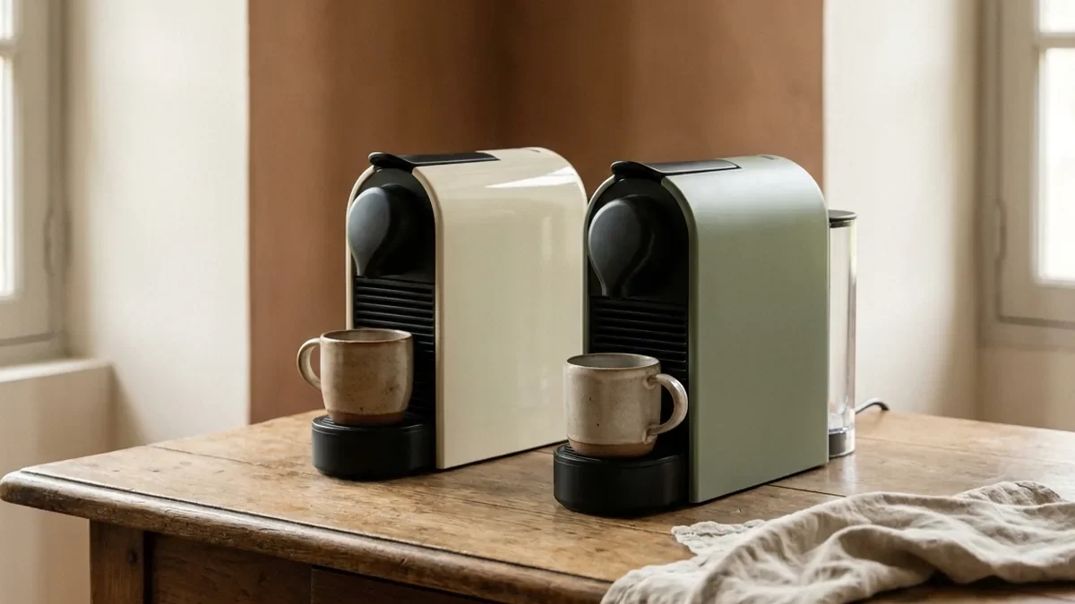 Deux petites machines à café à capsules de forme identique posées côte à côte, sans inscription ni logo, coques lisses de couleurs différentes
