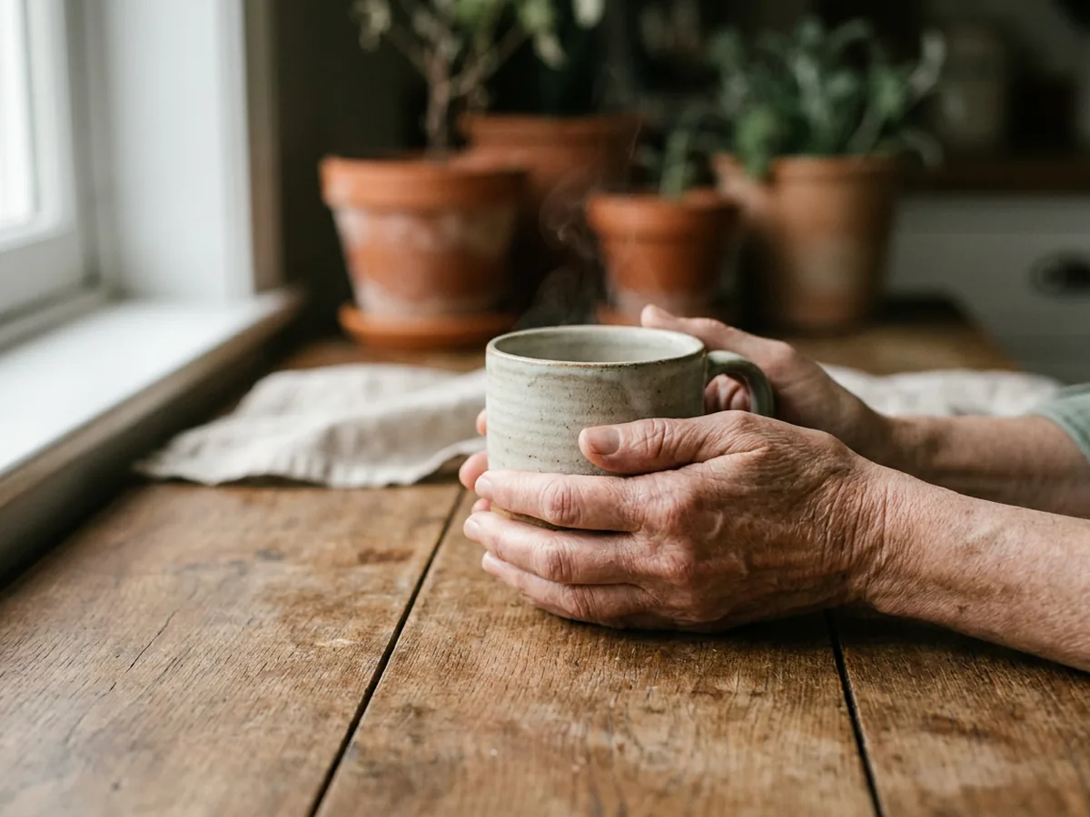 Deux mains tenant un mug en grès artisanal fumant au-dessus d'une table en chêne patiné, cuisine de campagne française avec une fenêtre à gauche
