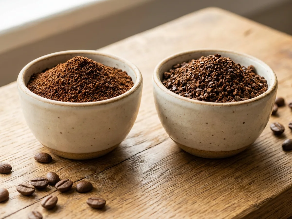 Deux petits bols en grès artisanal remplis de café moulu, l'un à texture moyenne fine et l'autre nettement plus grossière, sur une planche en chêne patiné