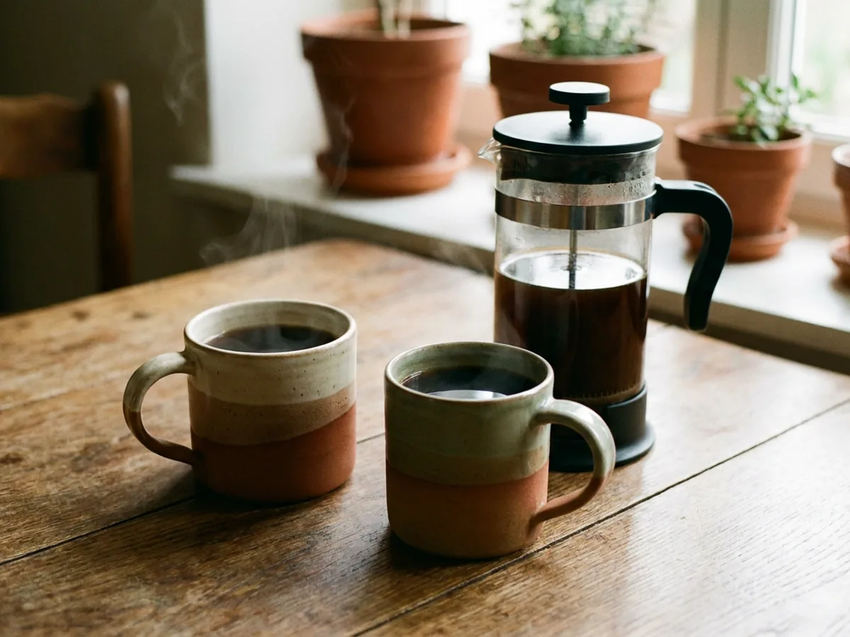 Deux mugs en grès artisanal remplis de café noir fumant à côté d'une cafetière à piston dont le piston est descendu, sur une table en chêne patiné