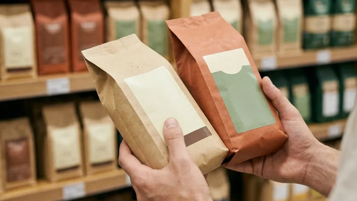 Deux paquets de café en grains tenus à hauteur de regard devant un linéaire de supermarché flou, étiquettes neutres sans texte lisible