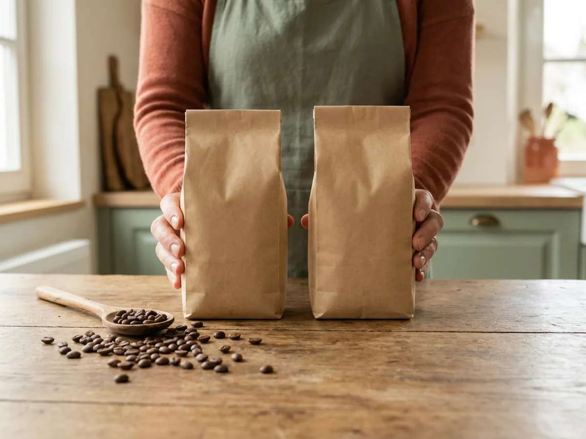 Deux sachets de café neutres en papier kraft tenus au-dessus d'une table en chêne patiné pour comparer leurs mentions, grains répandus autour