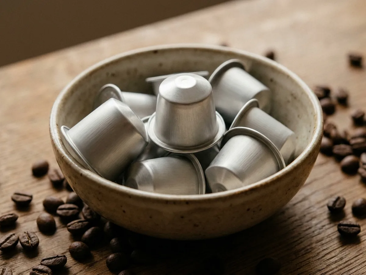 Dosettes en aluminium brossé entièrement lisses et sans marquage, de deux tailles différentes, dans une coupelle en grès