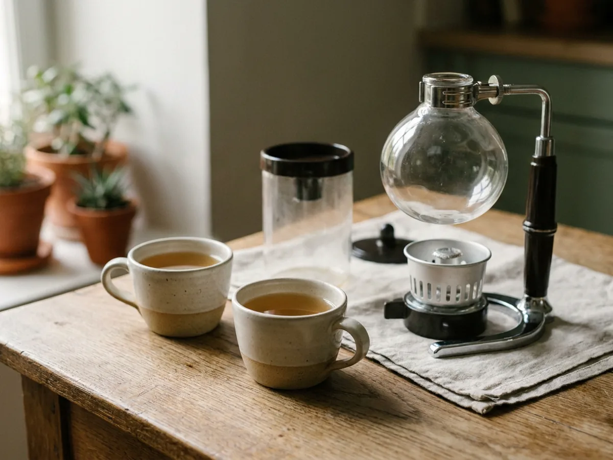 Deux tasses en grès artisanal remplies d'un café clair et limpide à côté d'une cafetière à siphon démontée posée sur un torchon en lin