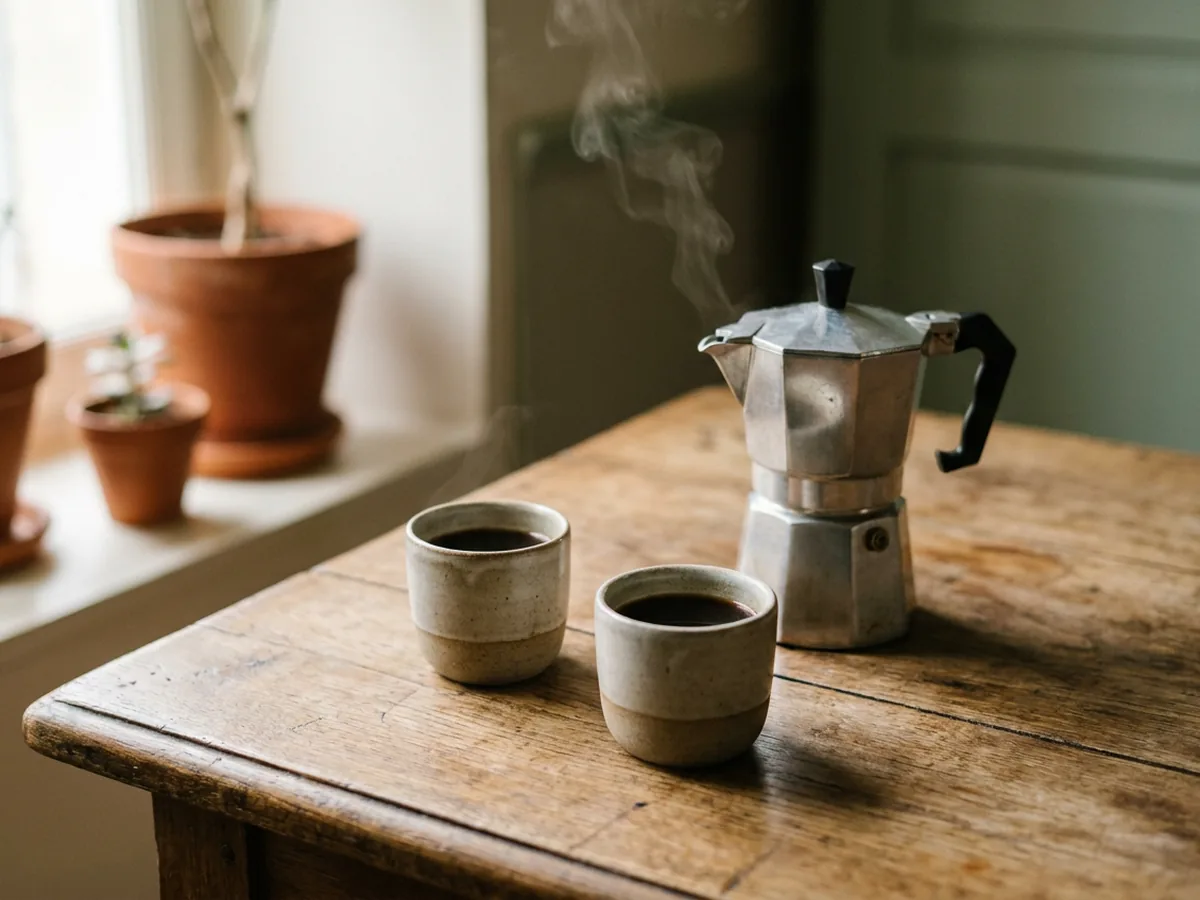 Deux petites tasses en grès artisanal remplies de café noir à côté d'une cafetière italienne encore fumante sur une table en chêne