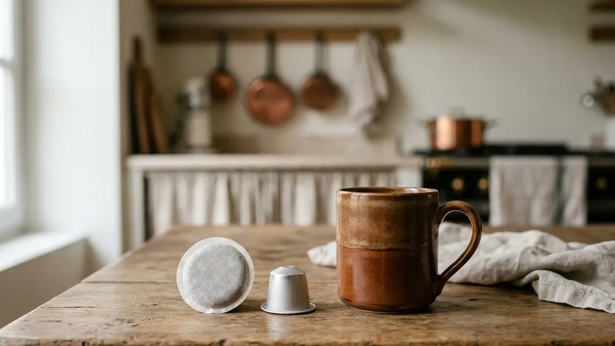Une dosette souple ronde en papier filtre et une capsule rigide sans marquage posées côte à côte sur une table en chêne patiné, à côté d'une tasse en grès