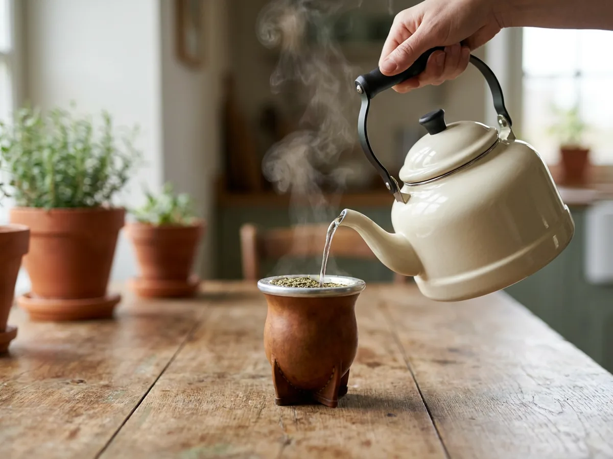 Main versant un filet d'eau chaude fumante depuis une bouilloire en émail crème dans une calebasse remplie de yerba maté