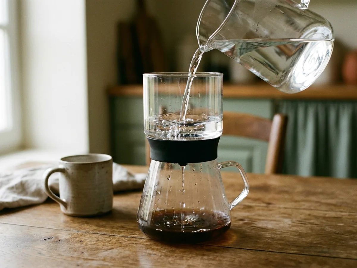 Eau claire versée depuis une carafe en verre dans le réservoir transparent d'une cafetière filtre, reflets et gouttes visibles