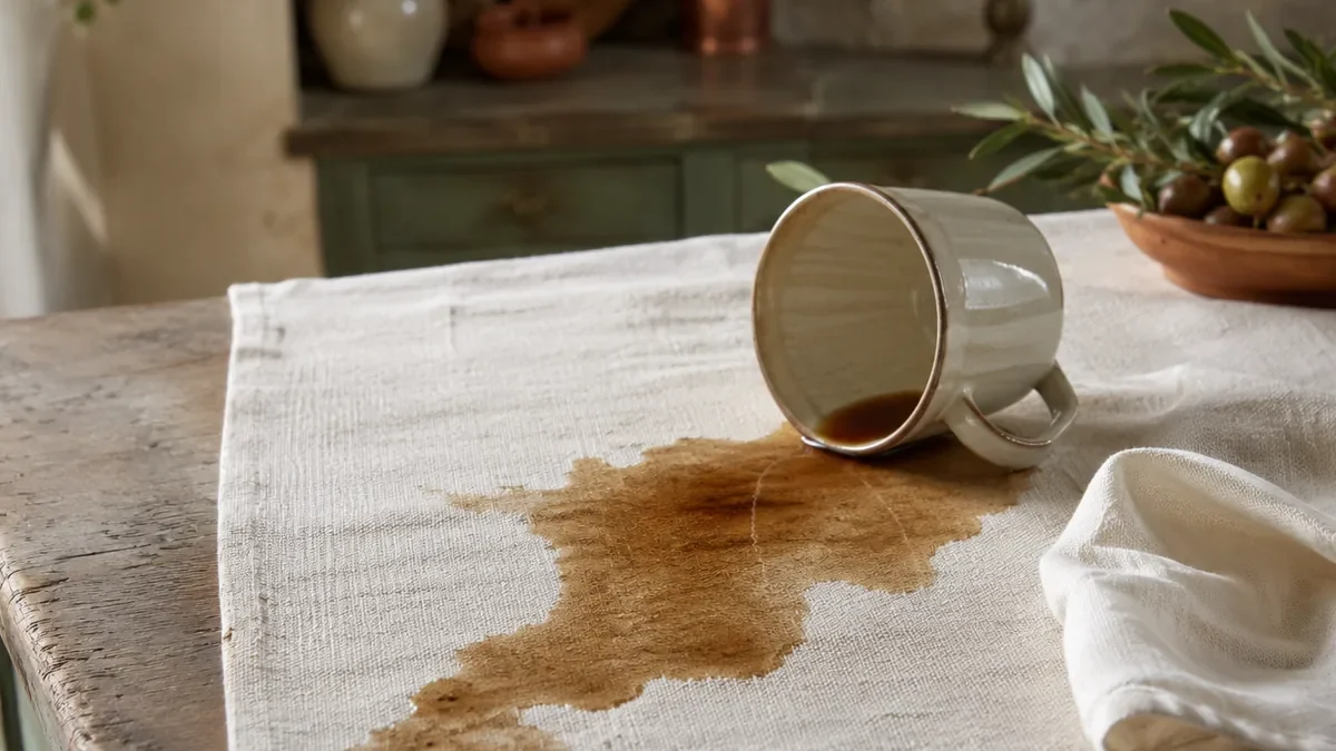 Tasse de café renversée et tache de café sur une nappe en lin