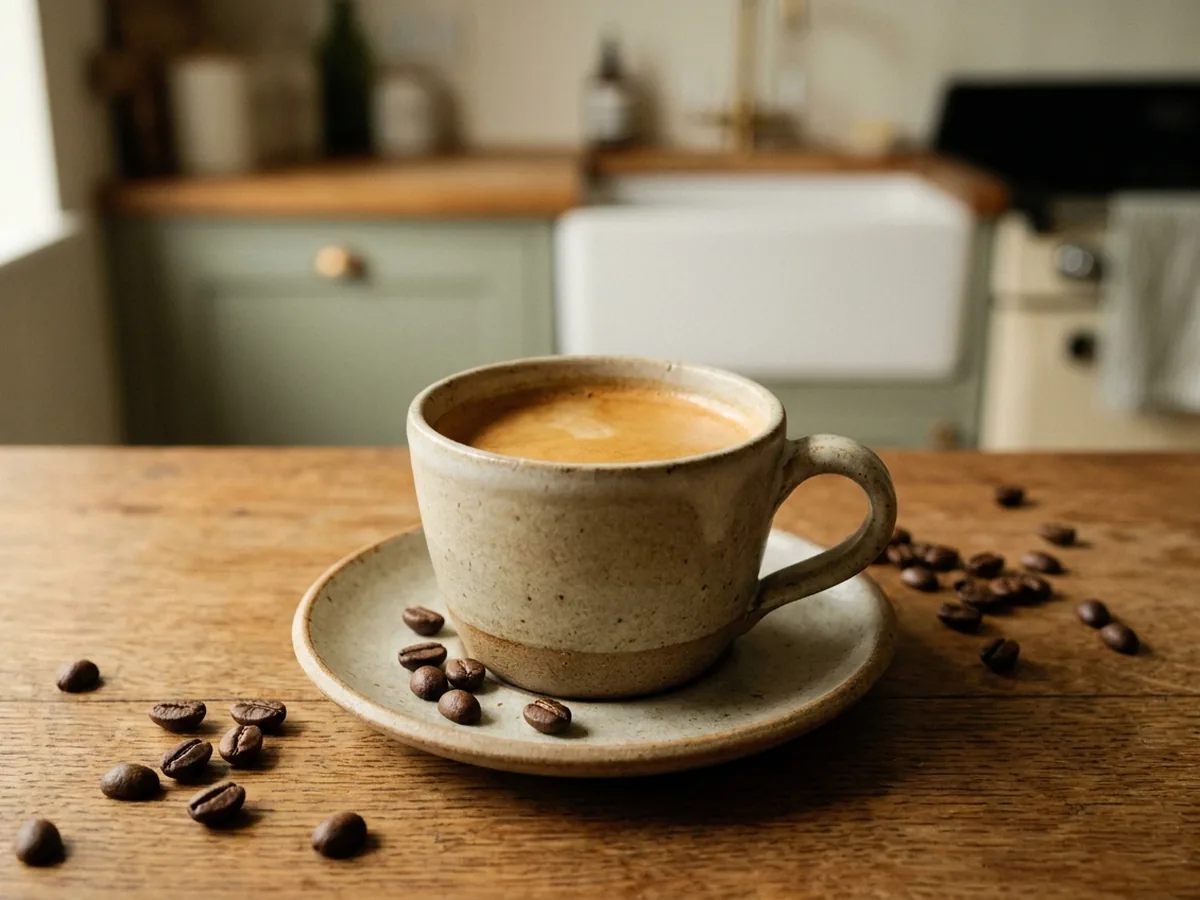 Tasse en grès artisanal remplie d'un espresso à la crema épaisse et noisette, quelques grains éparpillés autour