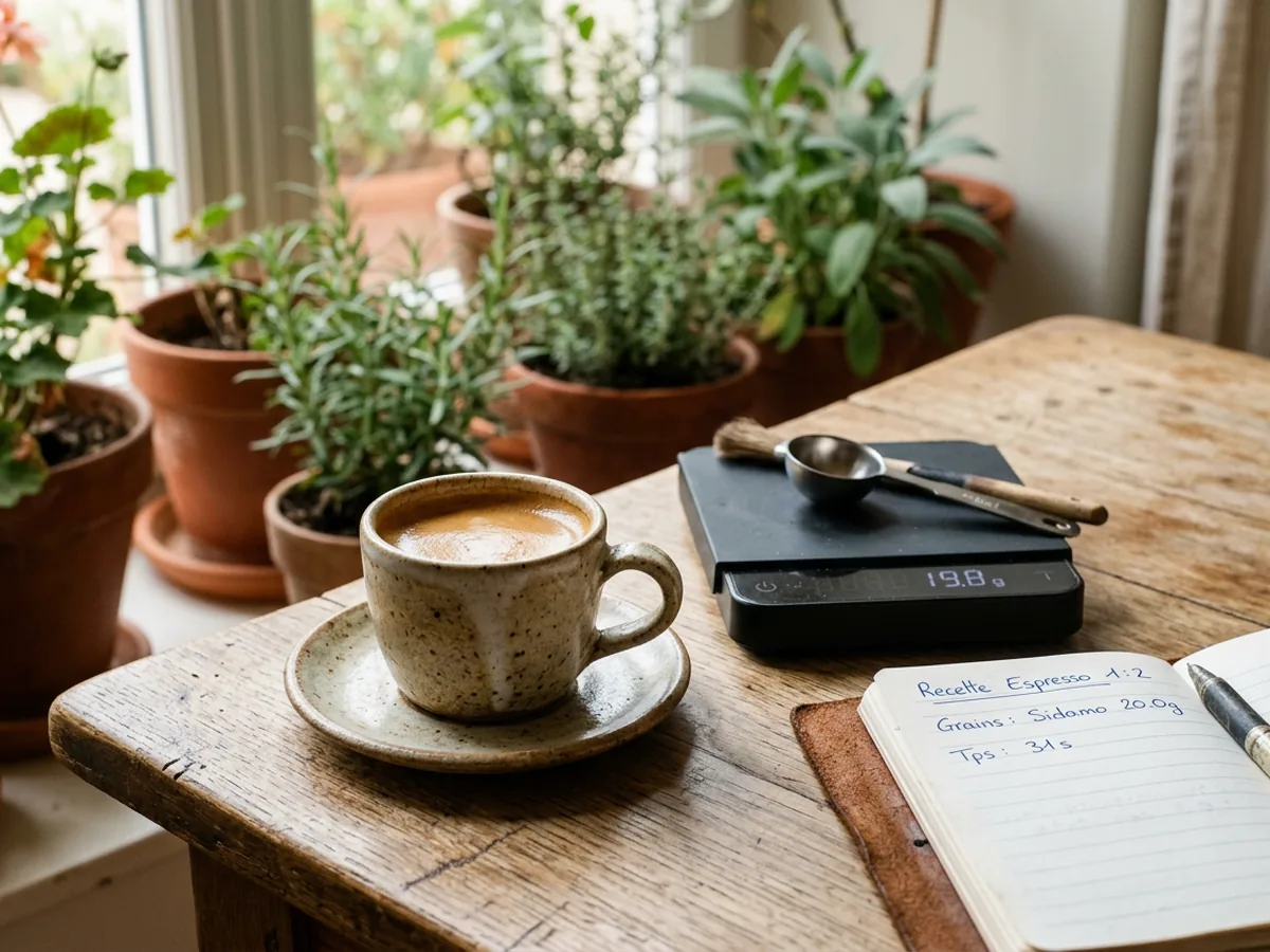 Petite tasse en grès artisanal remplie d'un espresso à la crema épaisse brun noisette, posée sur une soucoupe à côté d'une balance de précision