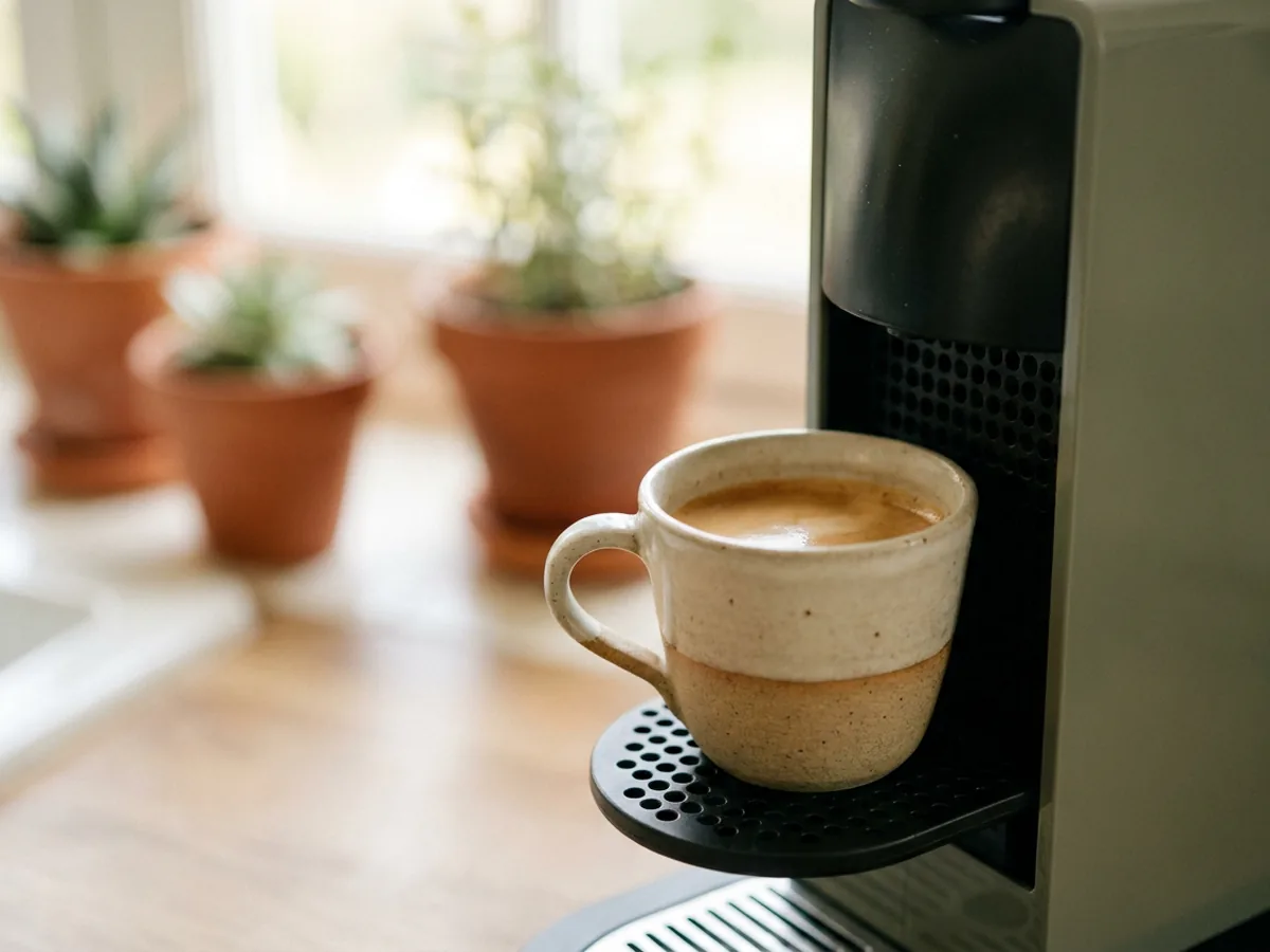 Tasse en grès artisanal remplie d'un espresso à la crema noisette, posée sur la grille repose-tasse d'une machine à capsules générique