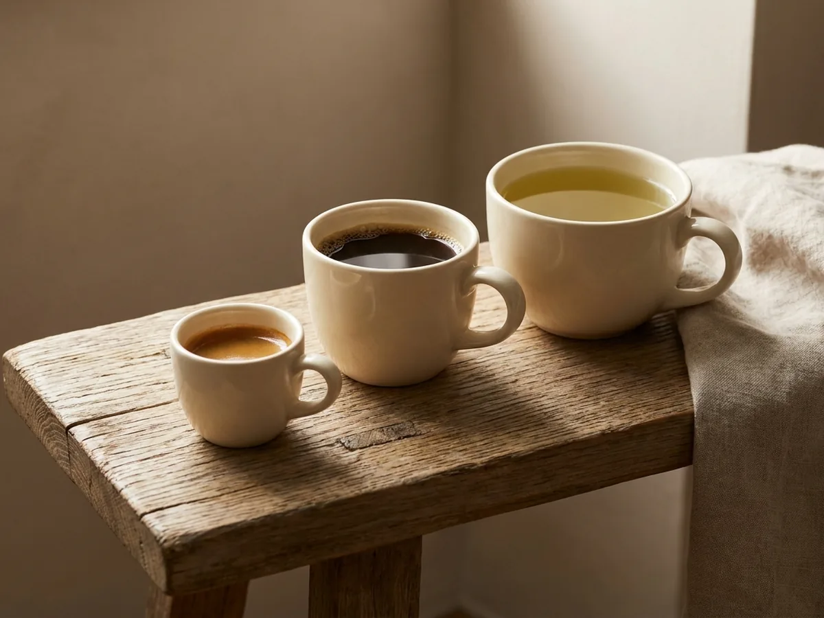 Trois tasses de tailles différentes alignées sur une planche en chêne patiné, un espresso serré, un café filtre et une tasse de thé vert clair