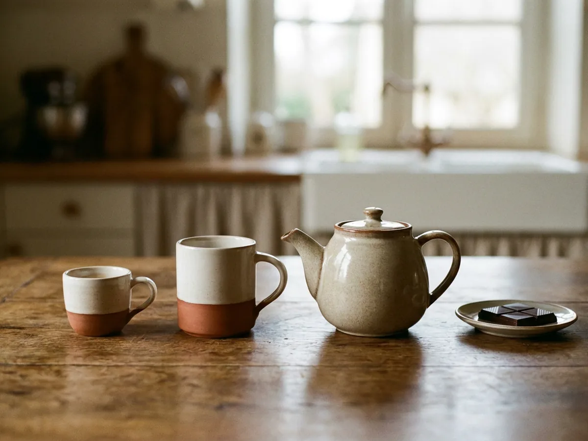 Nature morte sur une table en chêne patiné, une petite tasse d'espresso, un mug de café filtre, une théière en grès et un carré de chocolat noir alignés