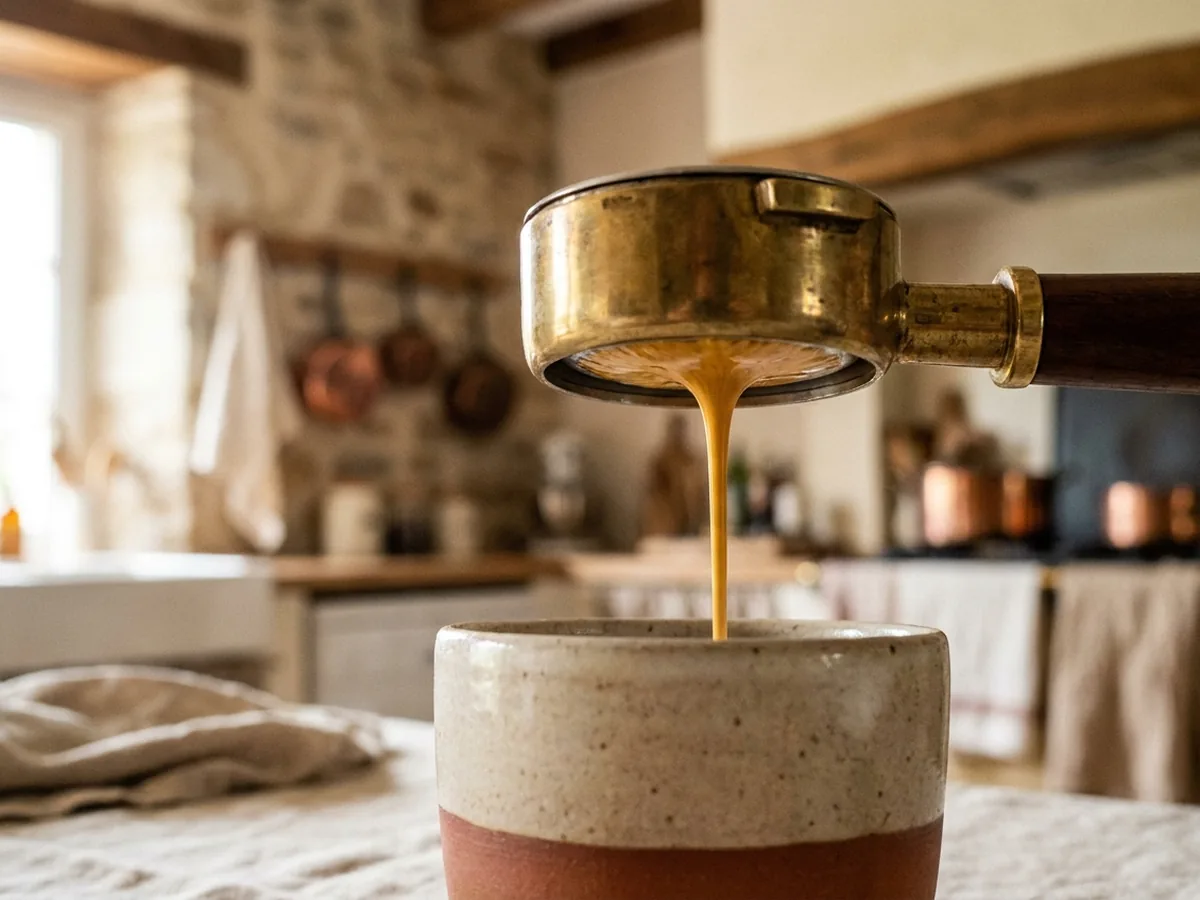 Espresso qui coule en filet couleur miel depuis un porte-filtre, crema dorée qui se forme
