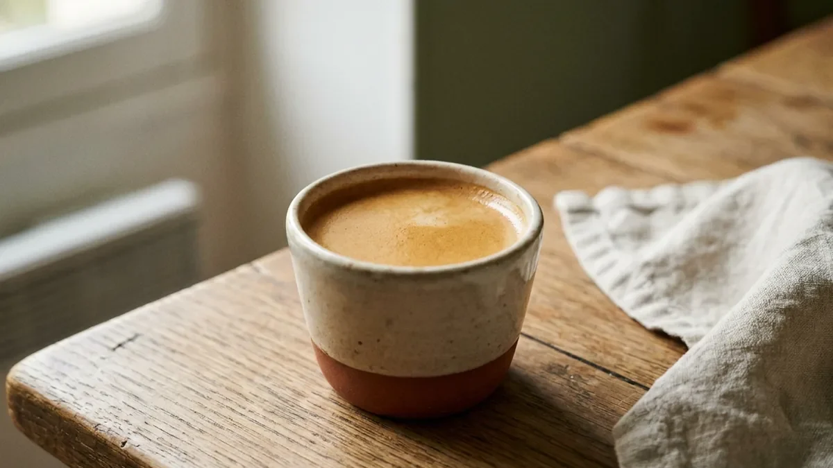 Petite tasse en grès artisanal remplie d'un espresso couvert d'une crema brun noisette épaisse et régulière, posée sur une table en chêne patiné