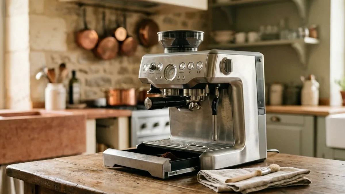 Machine à café à grain en inox brossé posée sur un plan de travail en chêne patiné, bac à marc sorti et chiffon en lin plié à côté