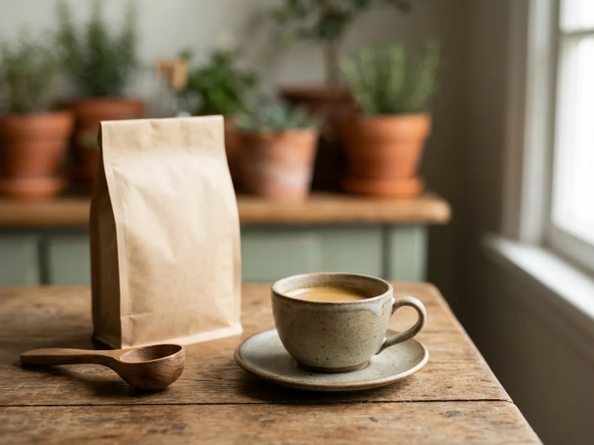 Expresso servi dans une petite tasse en grès posée sur une soucoupe, à côté d'un paquet de café en papier kraft sans marque et d'une cuillère