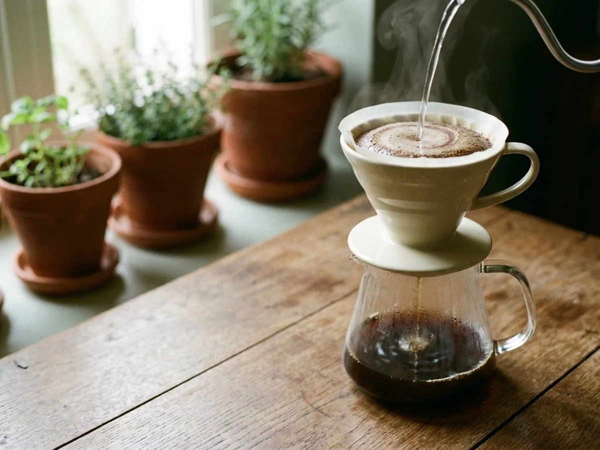 Carafe en verre surmontée d'un cône de filtration en céramique crème, l'eau versée en spirale sur une mouture moyenne qui gonfle