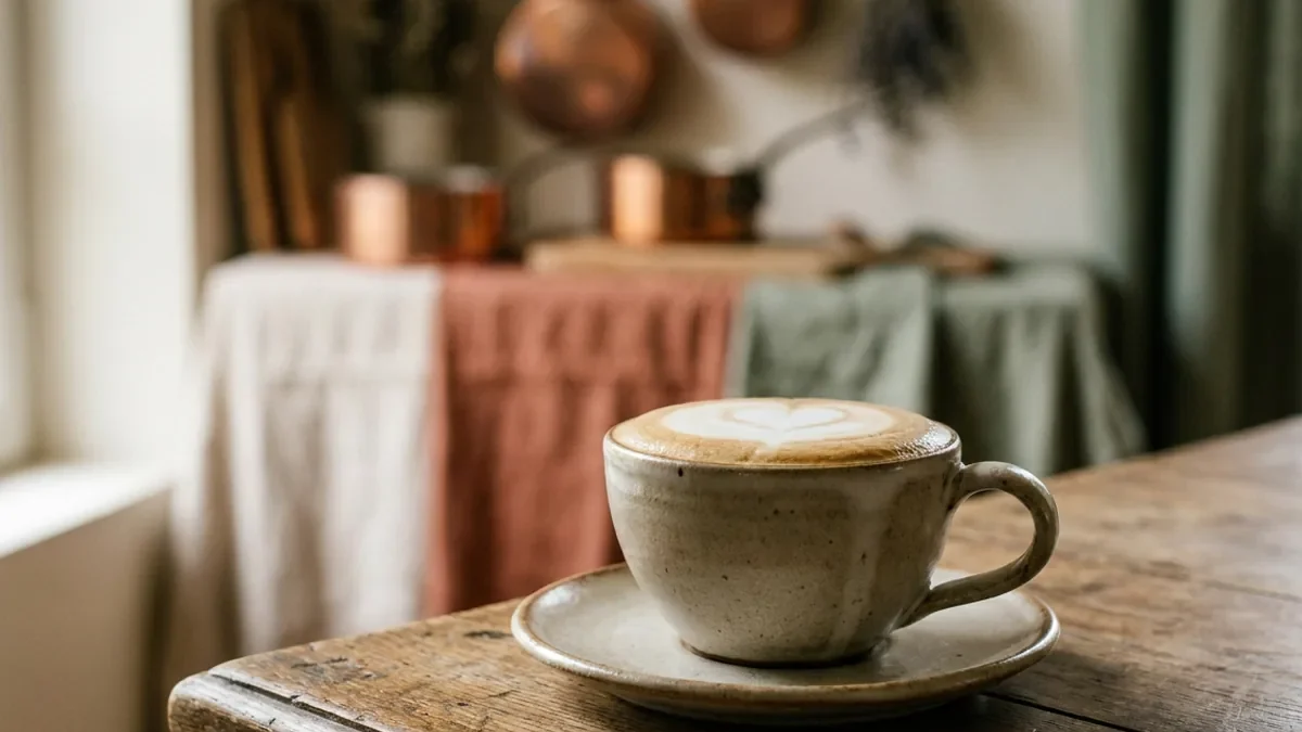 Tasse de cappuccino en grès avec une mousse épaisse et brillante et un motif de latte art, sur une table en chêne