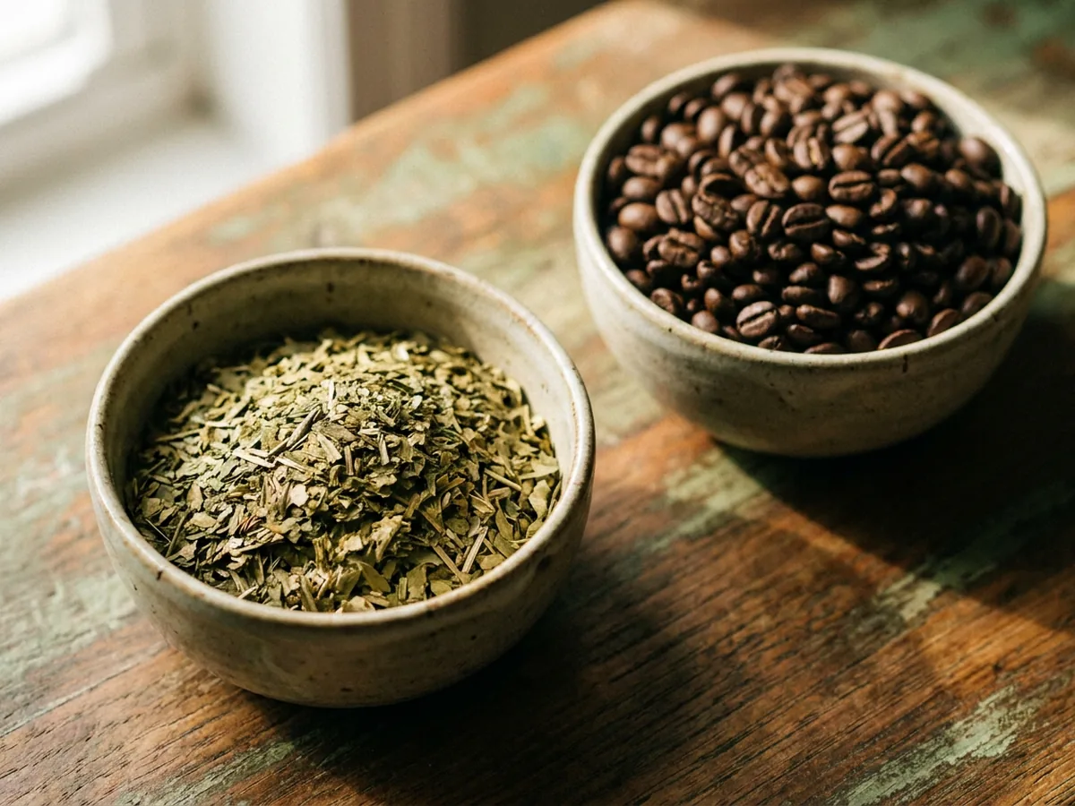 Feuilles sèches de yerba maté vert olive dans un bol en grès artisanal, à côté de grains de café torréfiés brun foncé dans un second bol