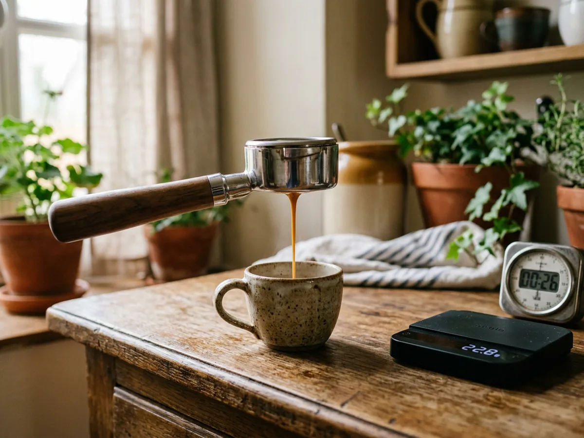 Café coulant en filet ambré dans une petite tasse en grès sous un porte-filtre, une balance de cuisine et un minuteur posés à côté
