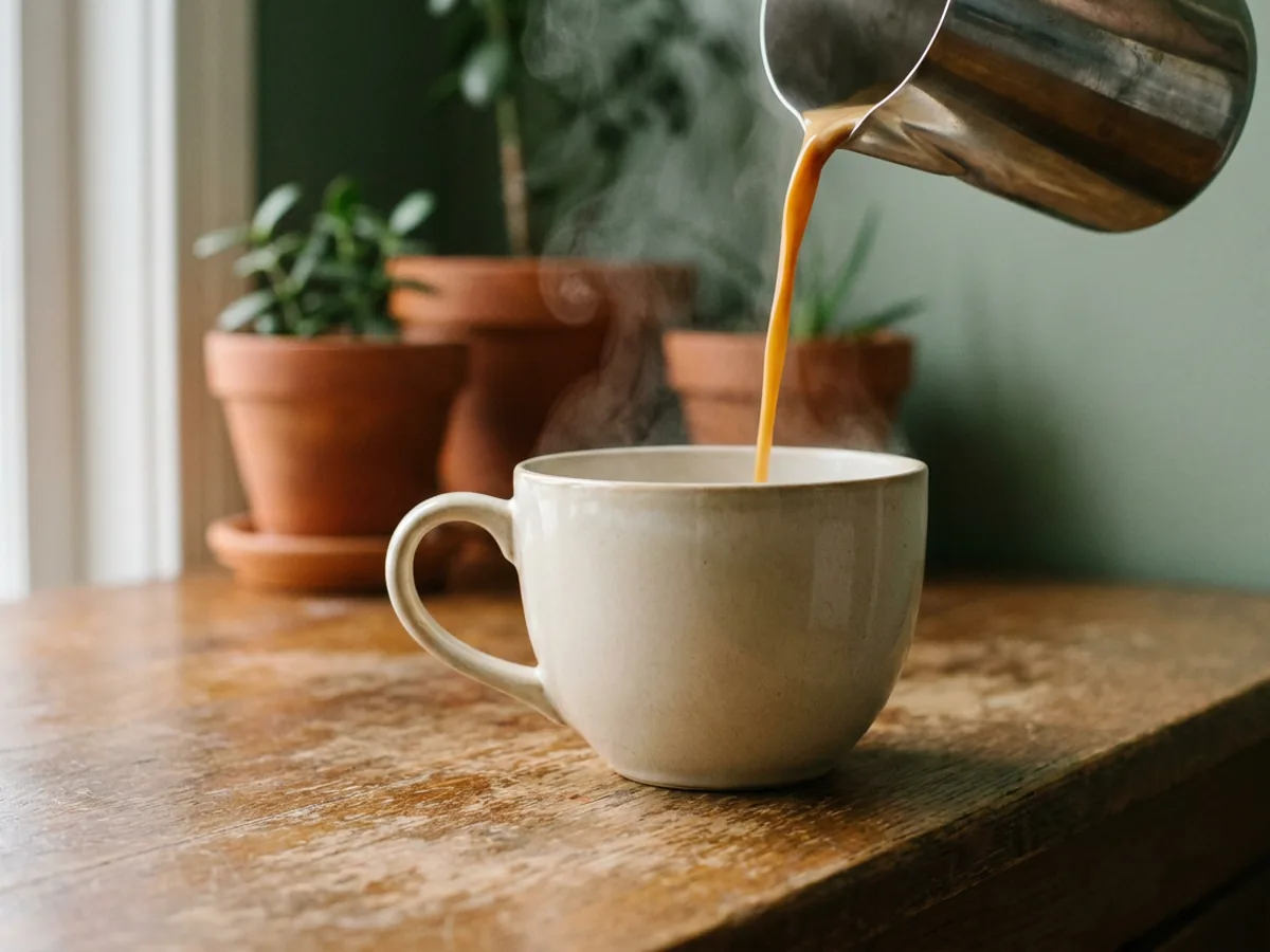 Filet de café brun ambré s'écoulant lentement dans une grande tasse en grès posée sous un bec en inox, vapeur légère